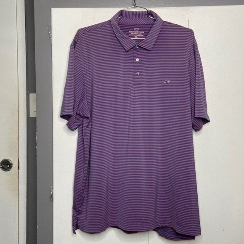 Vineyard Vines Performance Polo Shirt Men's Size XXL Pink Blue Stripe Polyester